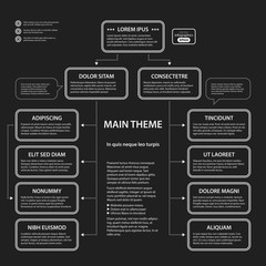 Corporate presentation template on dark background. Black and white colors. Useful for advertising, presentations and web design.