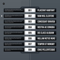 Futuristic corporate menu/list template on gray background. Useful for presentations, advertising or web design.