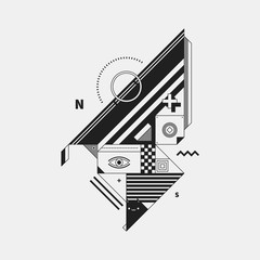 Abstract monochrome creature on white background. Style of cubism and constructivism. Useful for prints and posters.