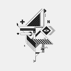 Abstract monochrome creature on white background. Style of cubism and constructivism. Useful for prints and posters. - 129264626