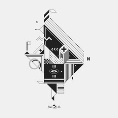 Abstract monochrome creature on white background. Style of cubism and constructivism. Useful for prints and posters.