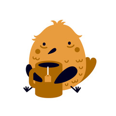 Illustration of funny tired or ill bird with big cup of tea.