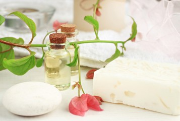 Plant-based cosmetic with tropical blossom relaxation set. Herbal skincare beauty treatment. Essential oil, fresh flower. Feminine toiletries.