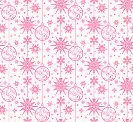 New year's wrapping paper in flat style on white background. Christmas background vector illustration. Pink snowflake and balls seamless pattern.