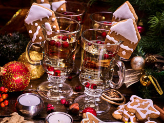 Christmas still life with mulled wine and Christmas cookies. Still life decorated Christmas ball