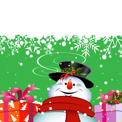 Christmas background snowman with gifts on a green background for your design