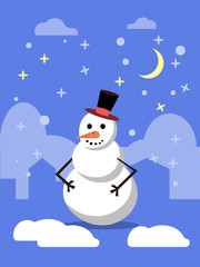 Winter landscape with a snowman with a hat in flat design in vector