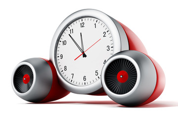 Clock pointing a couple of minutes to 12 with jet engines.3D illustration