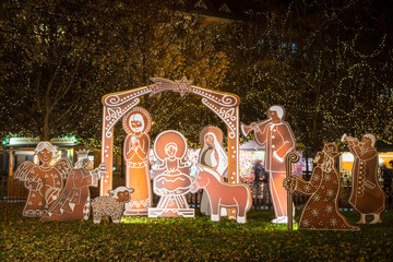 Nativity scene in night Prague at Christmas time.