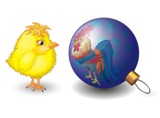 The chicken sees the reflection of a rooster at the Christmas ball. Vector Illustration.