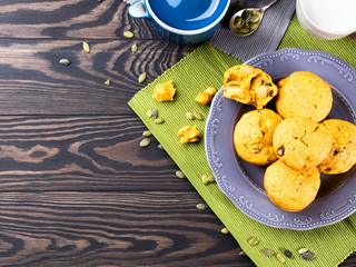 Pumpkin and apple sweet muffins. Copy space. Top view
