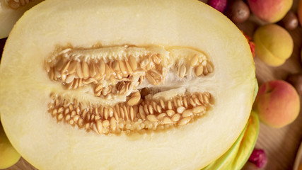 Melon half on wood table
