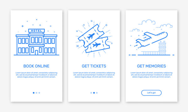 Vector Illustration of onboarding app screens and web concept book hotel online for mobile apps in flat line style. Modern blue interface UX UI GUI screen template for smart phone or web site banners.