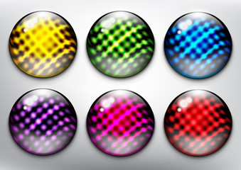 Abstract vector web buttons set of 6. Isolated with realistic, transparent glass shine and shadow on the light background. Vector illustration. Eps10.