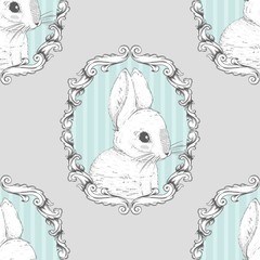 Rabbit in the frame. Seamless background. Hand drawing. Vector illustration