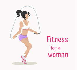 Vector girl makes skipping rope exercises . flat cartoon style