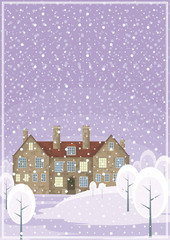 Image of a old English house on a background of a winter landscape. Vector illustration.