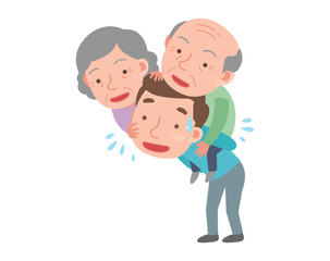 A Man is carrying the parents on back. 
He is happy.