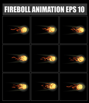 vector fireball animation. Sprite sheet for game or cartoon. Flame . Fire . Blaze . Flasher Pause . Bonfire. 
