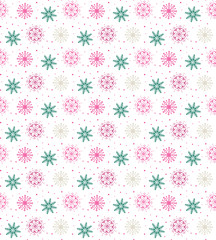 Colorful seamless pattern of many snowflakes on white background