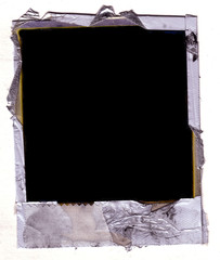 Grungy destroyed polaroid frame background. 80's instant film.  - 129272234