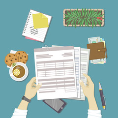Man working with documents. Human hands hold the accounts, payroll, tax form. Workplace with papers, blanks, forms, phone, wallet with money, notebook with notes, pot, tea, cookies. Top view Vector