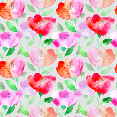 Floral seamless pattern with poppy flowers.Watercolor hand drawn illustration.Grey background.