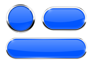 Blue buttons. Set of web icons with chrome frame