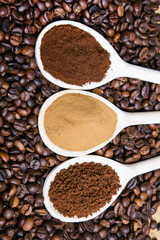 types of coffee: grounds, instant, powder, coffee beans