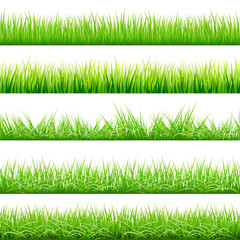 5 Backgrounds Of Green Grass, Isolated On White Background, Vector Illustration