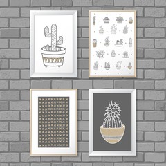 Art painting with Cactus in frame. Abstract pattern. Vector illustration concept
