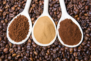 types of coffee: grounds, instant, powder, coffee beans