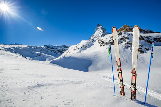Ski Equipment with panoramic view of Matterhorn on a clear sunny winter day, Zermatt, Switzerland
