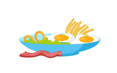 Fried Eggs with Bacon, Fries and Salad on the Plate