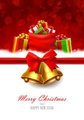 Christmas background with gold bells, red bow and sack full of gifts.
