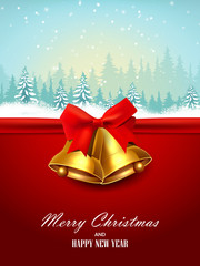 Christmas background with gold bells, red bow and winter landscape.