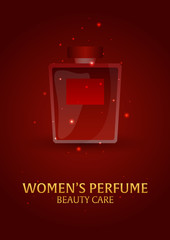 Poster Women's Perfume. Beauty care. Classic bottle of perfume. Liquid luxury fragrance aromatherapy. Vector illustration.