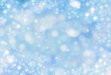 Abstract Winter background abstract bokeh. Snow, blurred lights with snowflakes. Christmas background