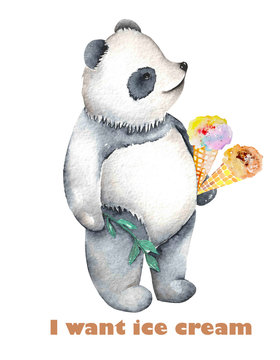 Template of postcard with watercolor illustration panda and ice cream cone, hand drawn isolated on a white background