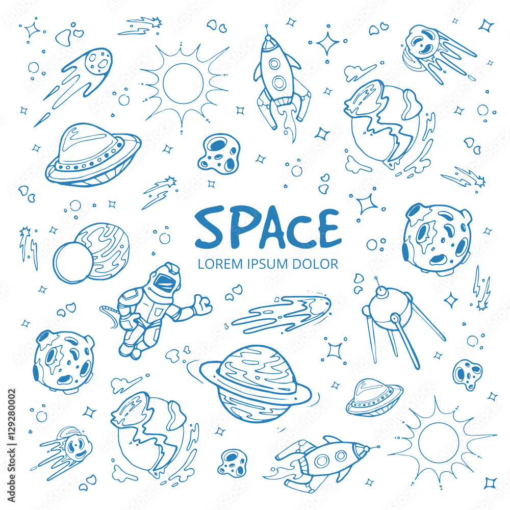 Poster abstract space background with planets, stars, spaceships and universe objects. hand drawn doodles v