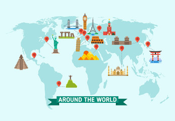 Travel landmarks on world map vector illustration