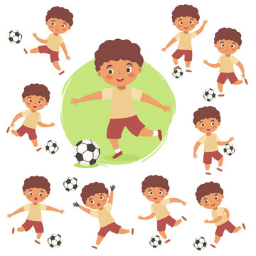 Boy Playing Football Soccer Sport Set Vector Illustration Kids