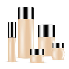 VECTOR PACKAGING: SET of light skin toned beauty products/cosmetics bottles and containers with silver lid on isolated white background. Mock-up template ready for design