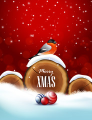 Christmas background with bullfinch, snow and tree trunk rings.