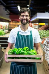 Fototapeta premium Smiling male staff holding green bell pepper 