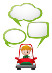 Speech bubble template with boy in red car