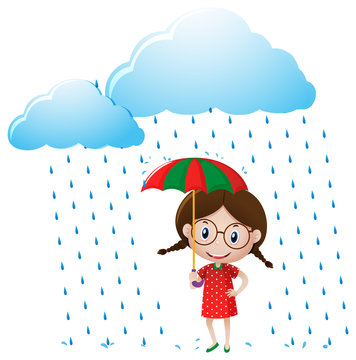 Little girl in red shirt standing in the rain