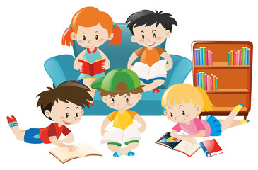 Children reading books in the room