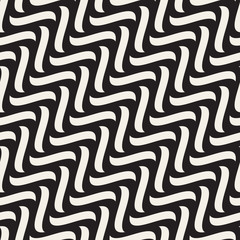 Vector Seamless Black and White Hand Drawn Diagonal Wavy Shapes Pattern