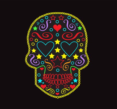 Skull vector background for fashion design, patterns, tattoos with heart eyes neon color